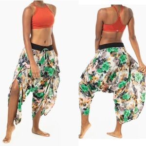 Buddha Pants Flap Harem Open Side Tasseled Boho Yoga  Floral Green Kira Medium